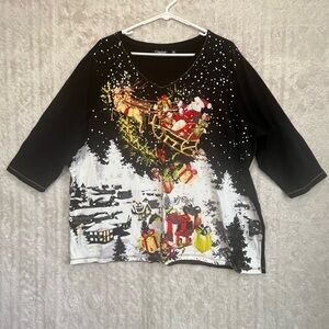 Opaque Women's Christmas Top Sz 2x Santa in Sleigh Embellished Nostalgia Shiny